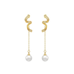 Ribbon earrings with CZ embellishments connected to a chain with a gorgeous pearl on the end