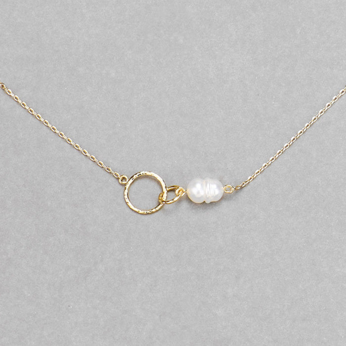 Gold Freshwater Pearl Open Circle Pendant Necklace up close of pendant.