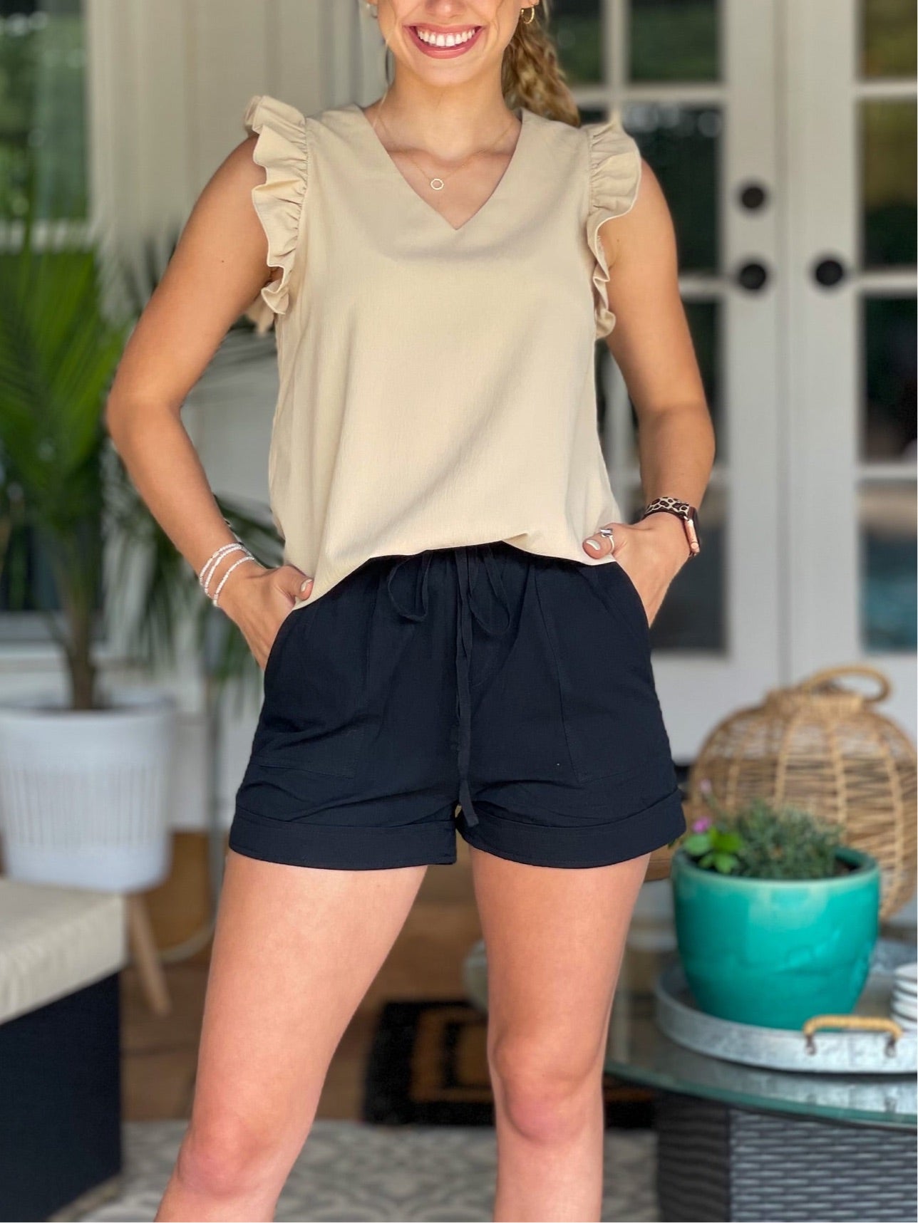 Black cotton causal shorts for women.