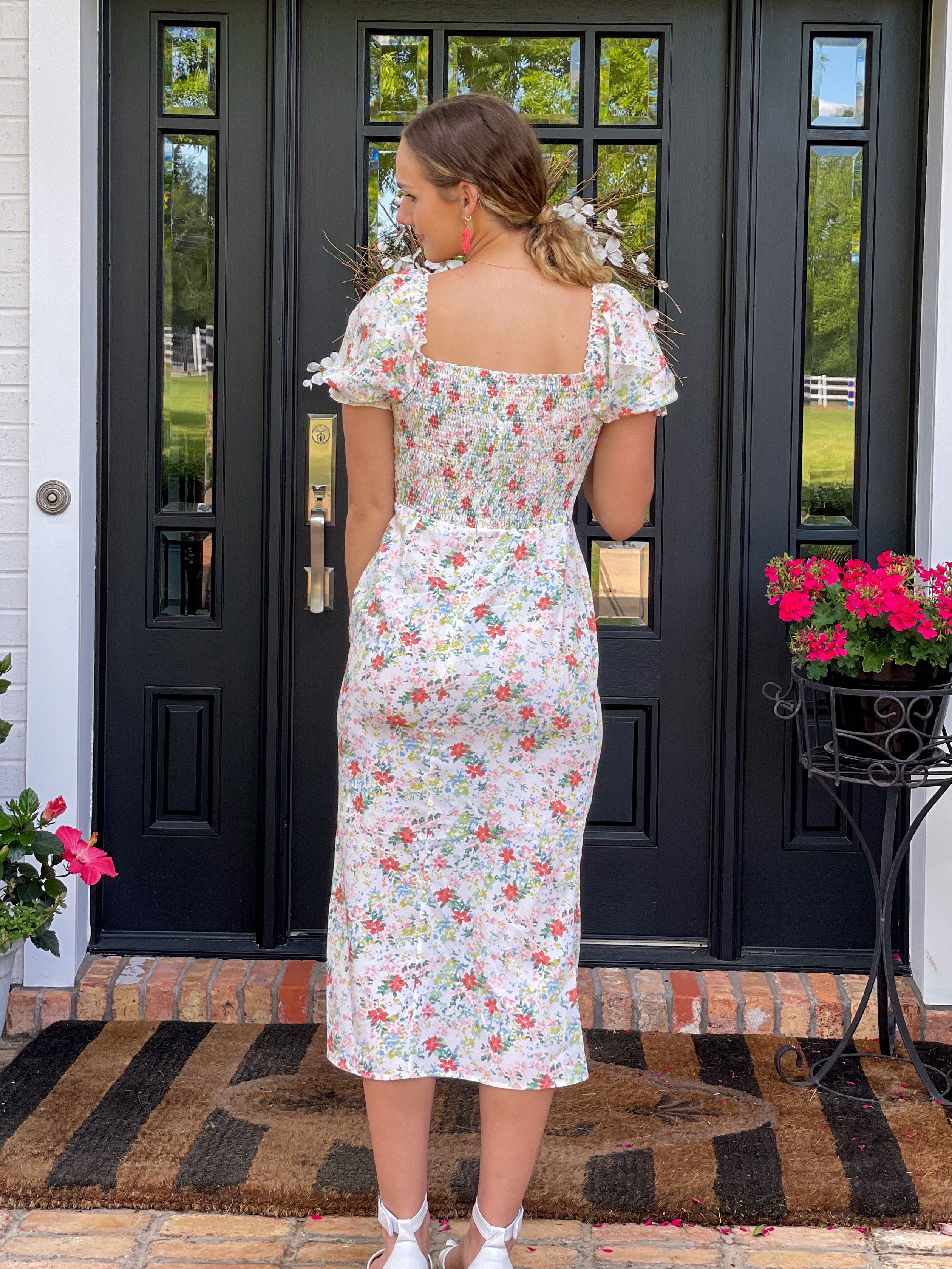 Floral Print Puffed Sleeved Sweetheart Dress - Back