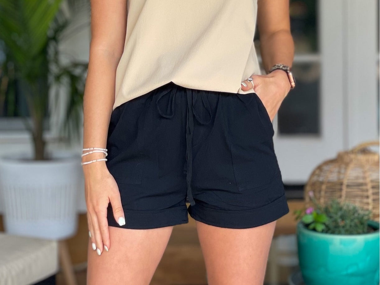 Black cotton causal shorts for women.