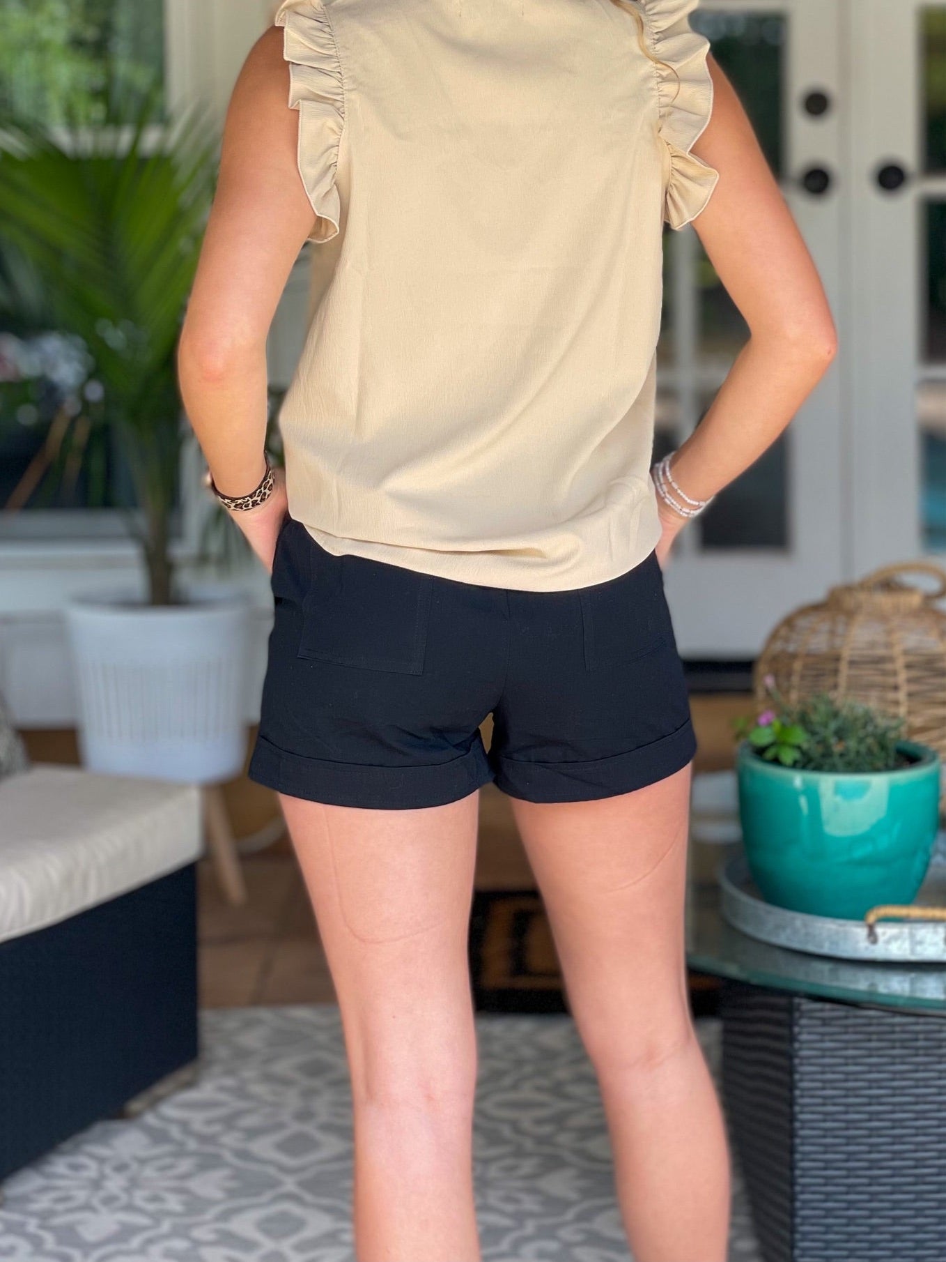 Black cotton causal shorts for women.