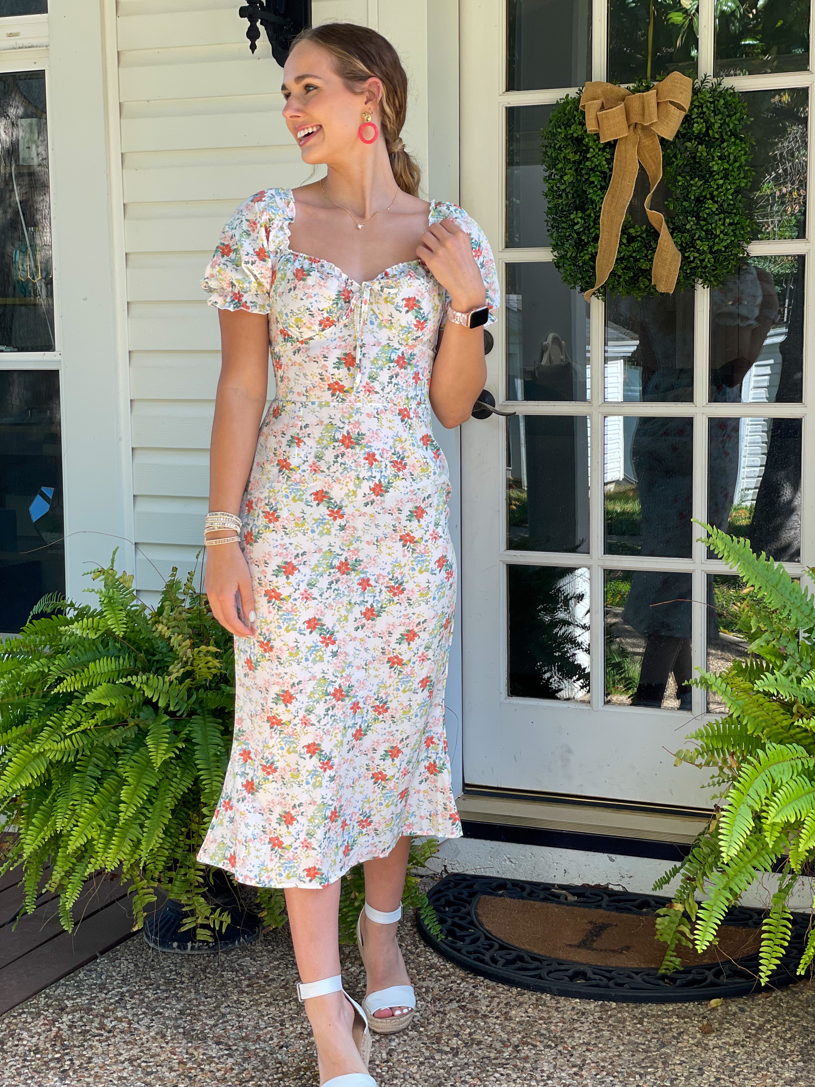 Floral Print Puffed Sleeved Sweetheart Dress