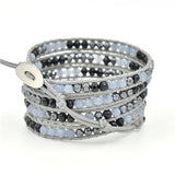 Black and Gray Beads on Gray Leather Wrap Bracelet.