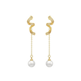 Ribbon earrings with CZ embellishments connected to a chain with a gorgeous pearl on the end