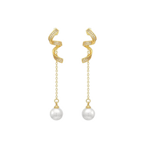 Ribbon earrings with CZ embellishments connected to a chain with a gorgeous pearl on the end