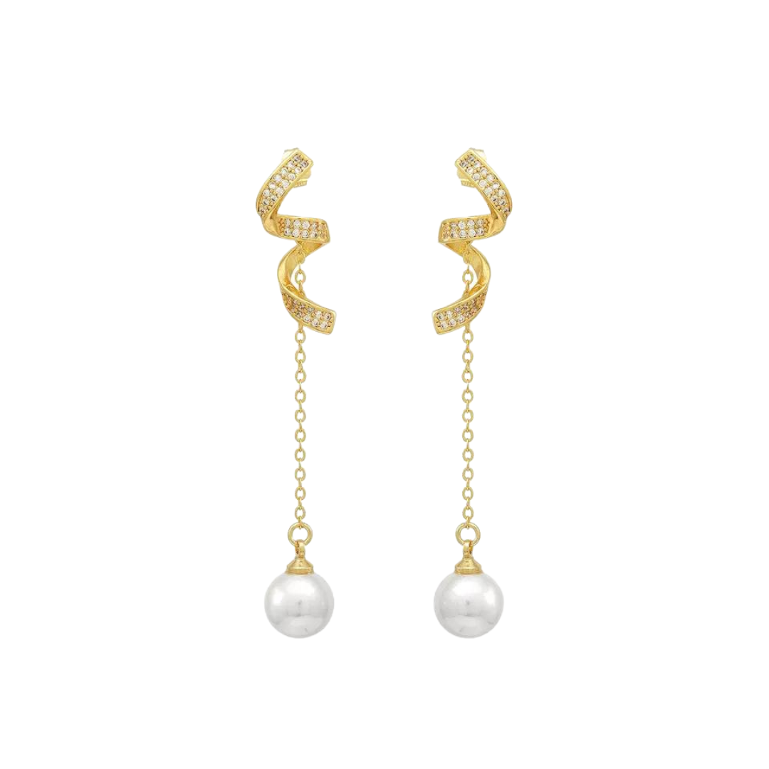 Ribbon earrings with CZ embellishments connected to a chain with a gorgeous pearl on the end