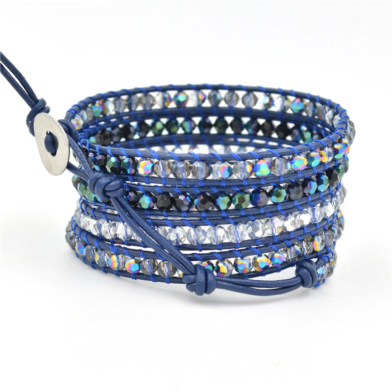 Blue Crystals on Navy Leather Wrap Bracelet