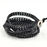 Black Beads on Black Leather Wrap Bracelet
