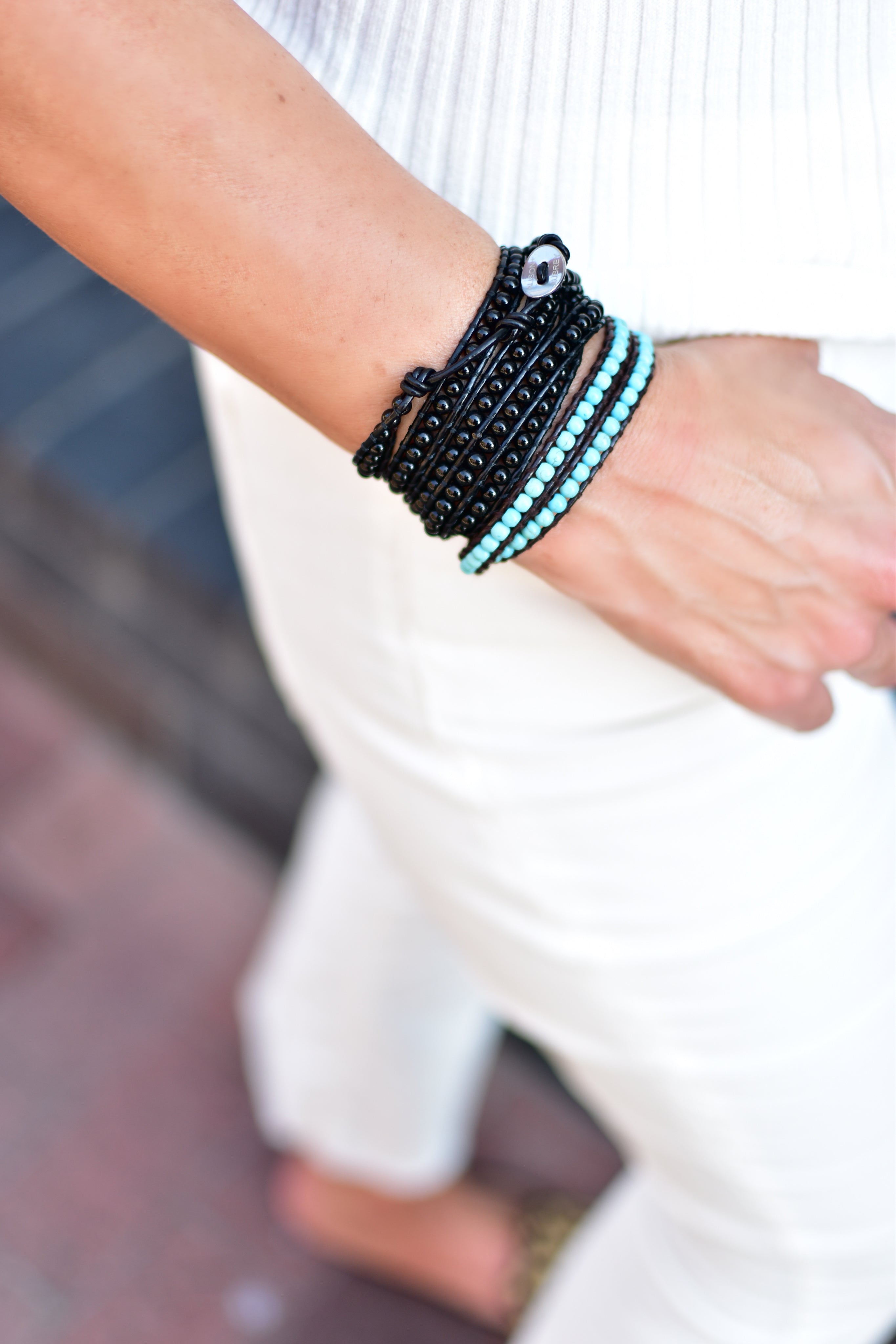 Black Beads on Black Leather Wrap Bracelet on wrist