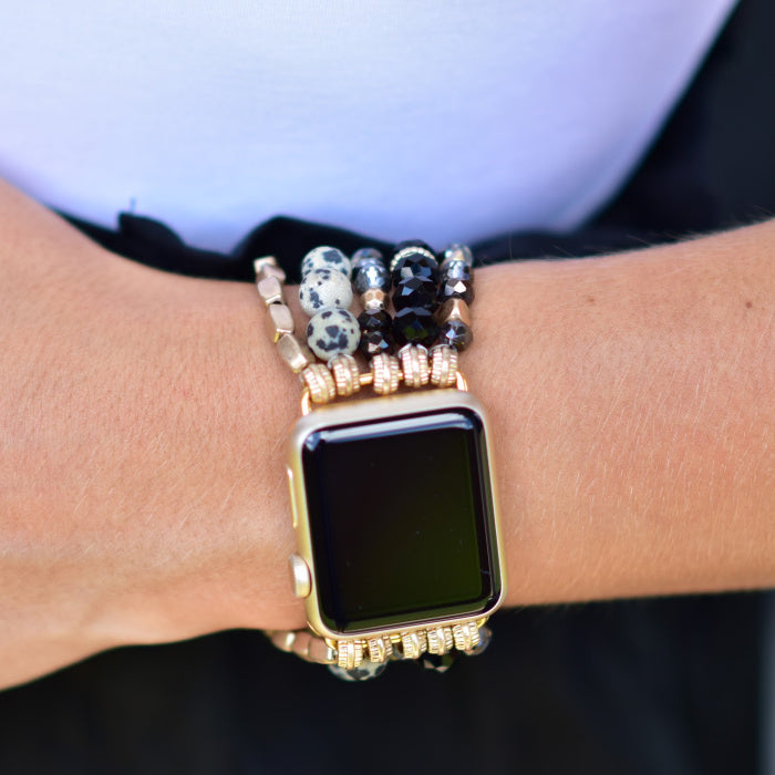 Black Beaded Layered Apple Watch Band on Apple Watch.