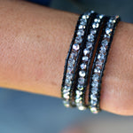 Clear Crystals on Black Leather Wrap Bracelet on wrist