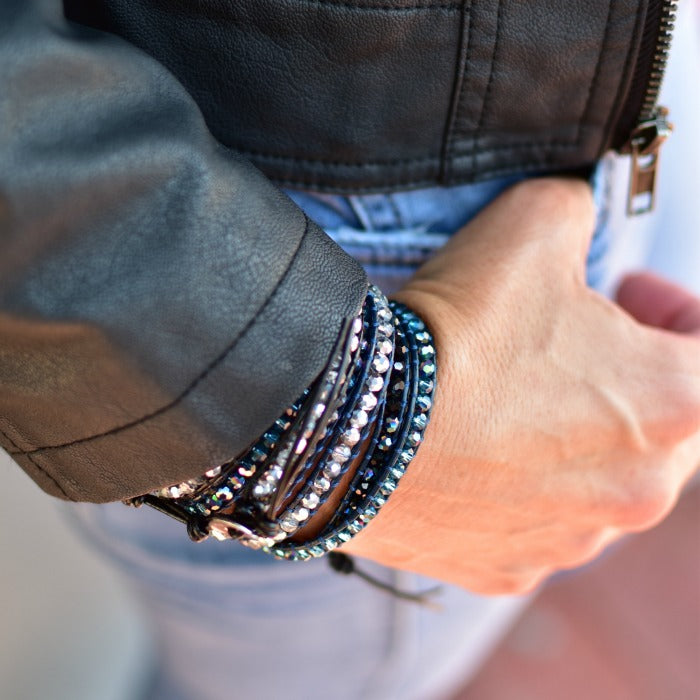 Blue Crystals on Navy Leather Wrap Bracelet on wrist