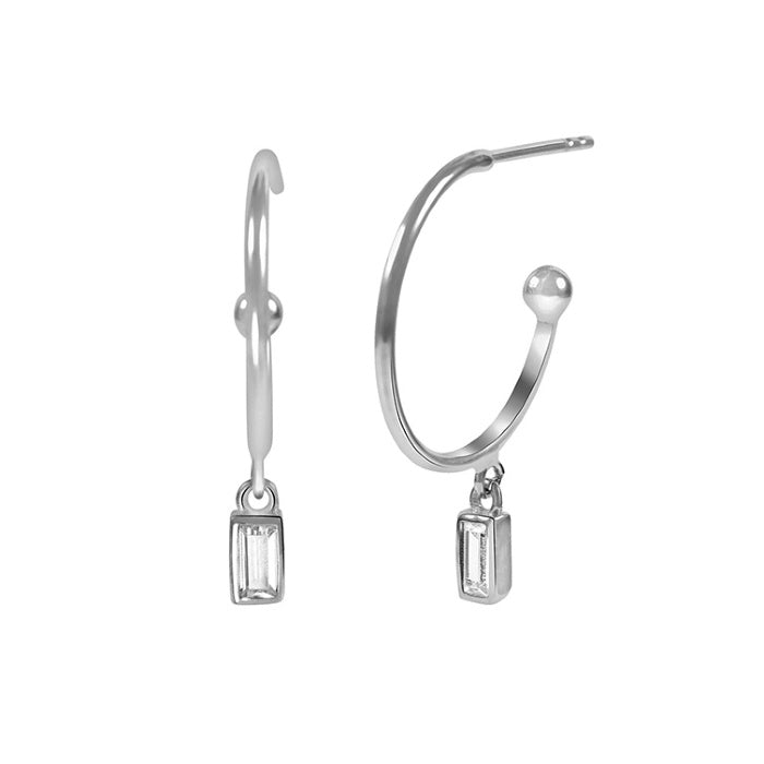 Silver Single Baguette Charm Hoop Earrings