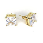 10 mm square cut cubic zirconia imbedded in gold frame earrings.