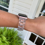 Clear Resin Apple Watch Band on wrist with Apple Watch.