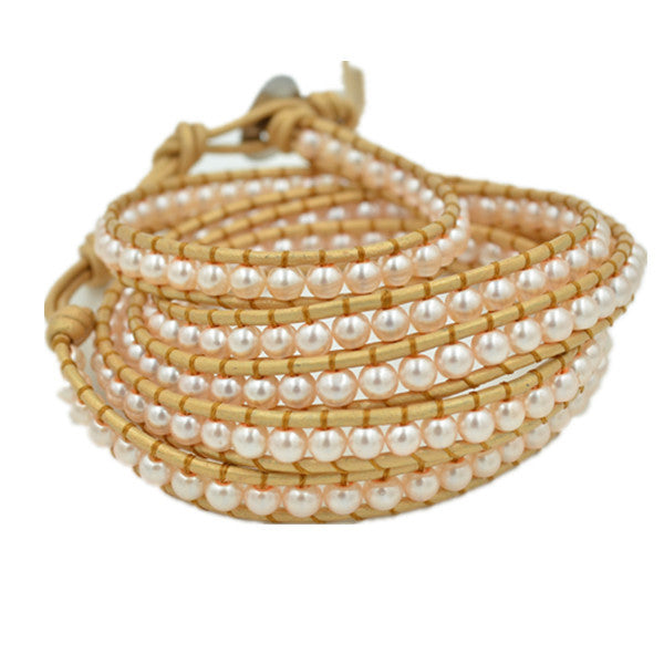 Champagne Pearls on Champagne Leather Wrap Bracelet