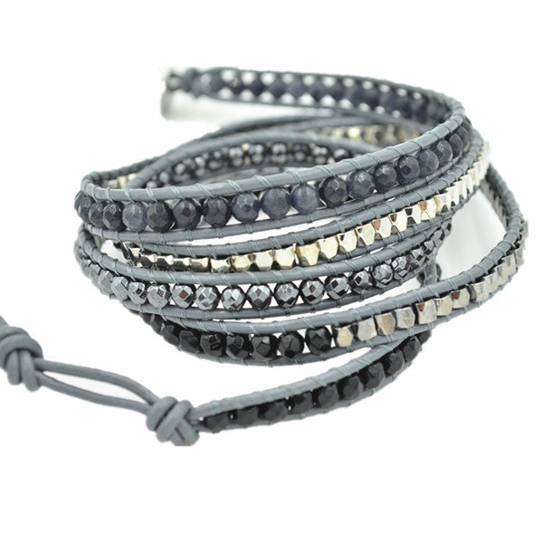 Black and Gray Stones on Gray Leather Wrap Bracelet.