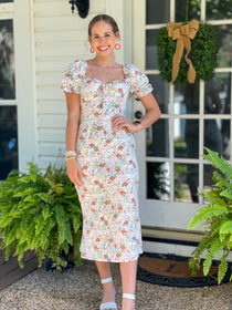 Floral Print Puffed Sleeved Sweetheart Dress