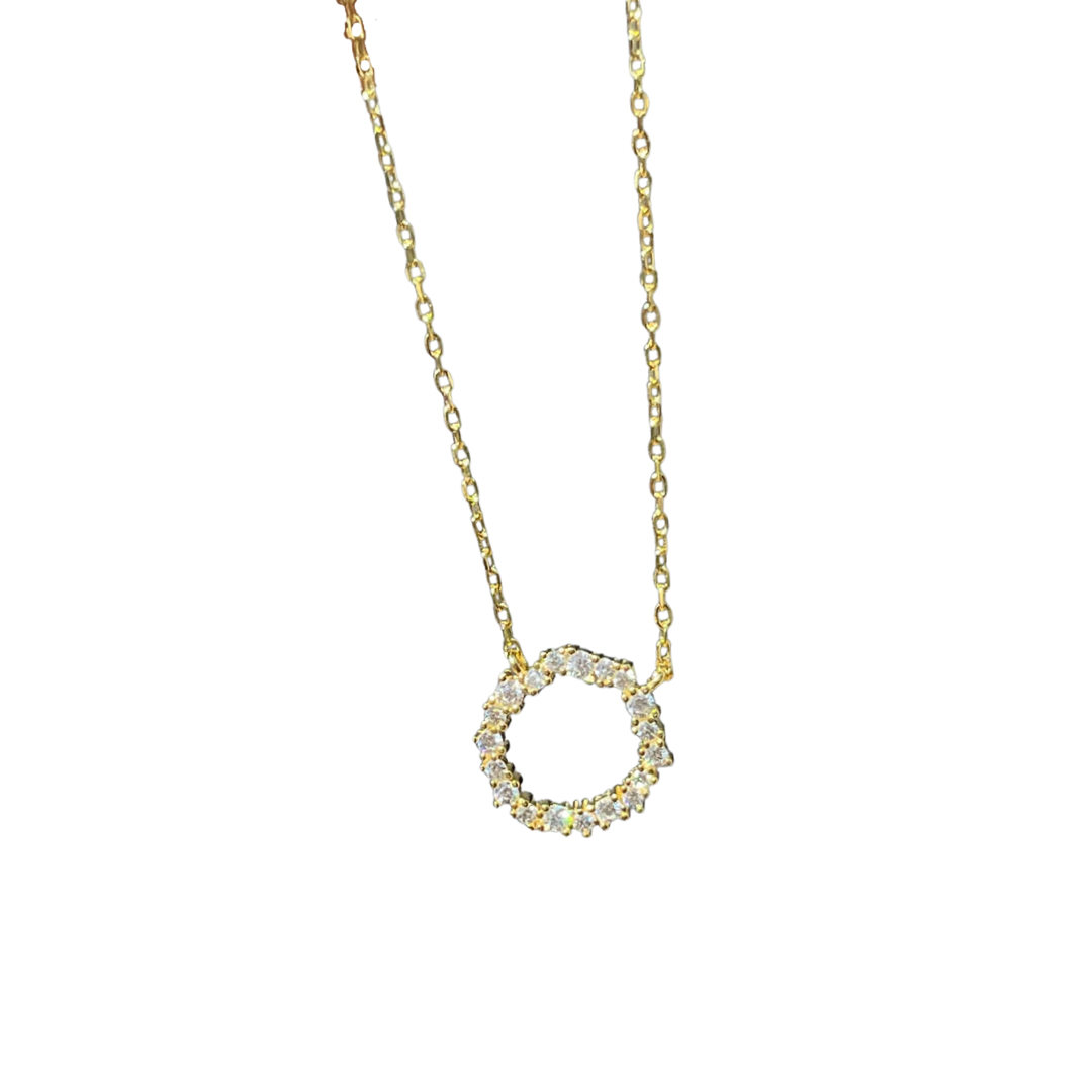 Gold CZ Open Circle Pendant Necklace - 14K Gold Plated