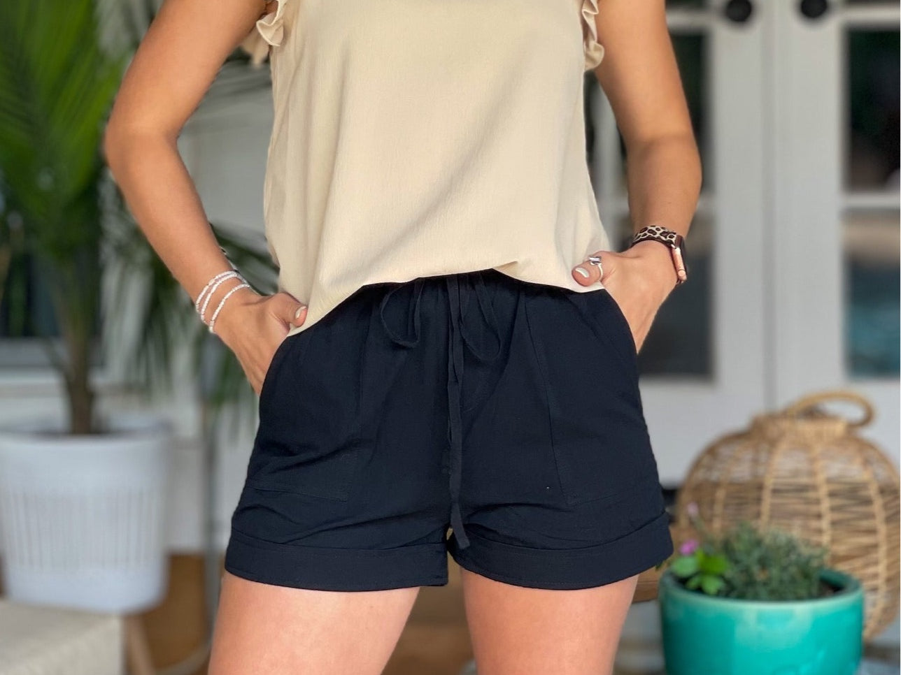 Black cotton causal shorts for women.