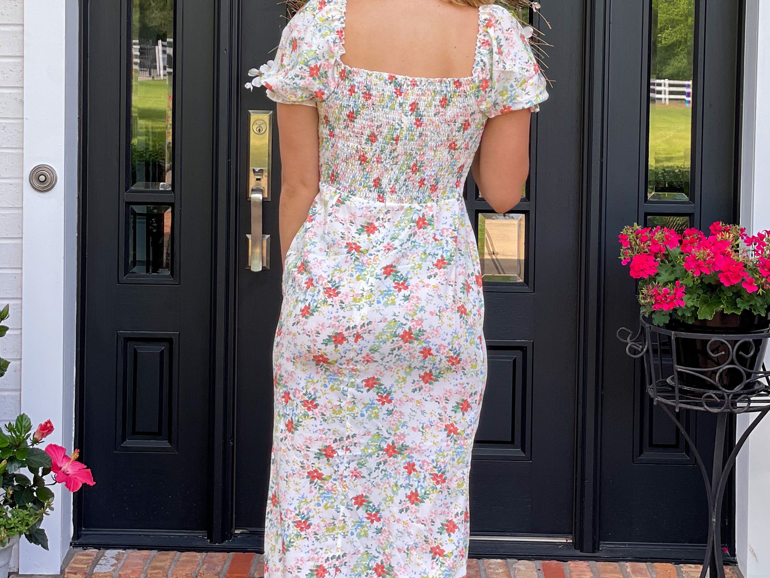 Floral Print Puffed Sleeved Sweetheart Dress - Back