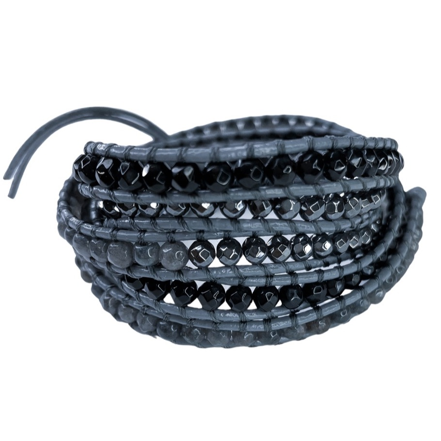 Black and Gray Stones on Dark Gray Leather Wrap Bracelet.